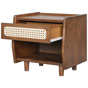 Walnut Nightstand with Rattan Detail, MDF + Solid Wood