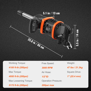 1 Inch Air Impact Wrench with 5175 ft-lbs Torque and 8 Inch Extended Anvil