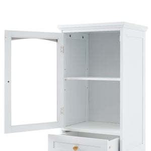 Tall Bathroom Storage Cabinet With Glass Doors, Free-Standing, Two Drawers, And Adjustable Shelves, Board, Painted Perfect For Displaying Your Favorite Items