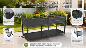 Dual Tier Elevated Metal Raised Garden Bed with Lockable Wheels & Lower Storage Shelf