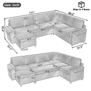 Convertible U-Shaped Sectional Sofa Bed With USB Ports And Storage