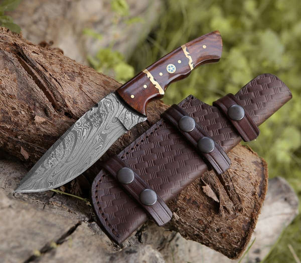 Fang Damascus Camp Knife with Rose Wood Handle