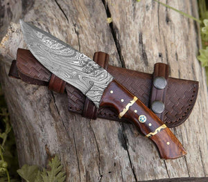 Fang Damascus Camp Knife with Rose Wood Handle - TRAPSKI