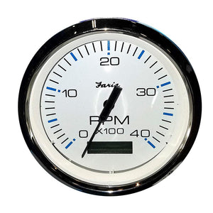 Faria Chesapeake White SS 4" Tachometer w/Hourmeter (4000 RPM) (Diesel) (Mech. Takeoff Var. Ratio Alt) - TRAPSKI