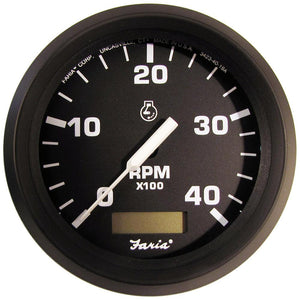 Faria Euro Black 4" Tachometer w/Hourmeter (4000 RPM) (Diesel)(Mech. Takeoff Var. Ratio Alt.) - TRAPSKI
