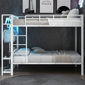 Bunk Bed With Storage Shelves, Clothes Hooks, LED Light