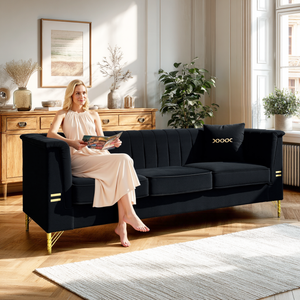 FX-P82-BK2 Modern Velvet 3-Seater Sofa with 2 Pillows