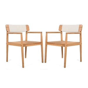 Creative Braided Acacia Wood Outdoor Dining Chairs with Armrests (Set of 2) - Teak / White