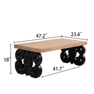 Black Scroll Base Coffee Table – 47" Rectangular Wood Living Room Table