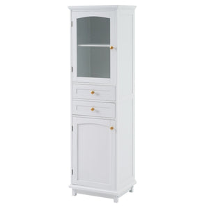 Tall Bathroom Storage Cabinet With Glass Doors, Free-Standing, Two Drawers, And Adjustable Shelves, Board, Painted Perfect For Displaying Your Favorite Items