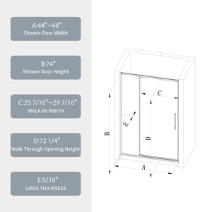 44-48"W x 74"H Pivot Shower Door with Brushed Nickel Finish