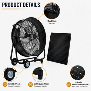 30" Wheeled Solar Fan with 140W Adjustable Monocrystalline Solar Panel