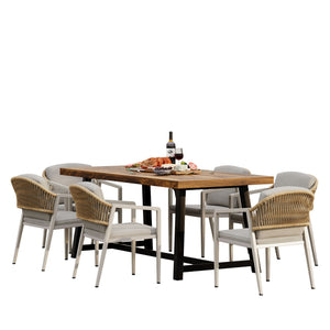 Outdoor Dining Set Acacia Wood Table with 6 Rattan Iron Chairs - Black / Natural / Gray