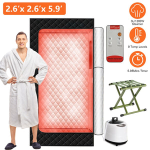 2.6x 2.6x 5.9FTPortable Sauna Tent 1 Person Steam Sauna for Home with 3L/1200W Steamer Folding Chair Remote Control 9 Steam Output Levels 5-95Mins Tim
