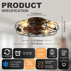 19.7" Industrial Caged Ceiling Fan with Light