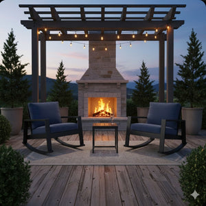 Outdoor Rocking Bistro Set Of 3, Oversized Rocking Chairs With Cushions And Side Table - Black / Blue