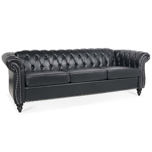 84.65" Black PU Rolled Arm Chesterfield Three Seater Sofa