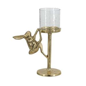 7.9x4x11' Gold Rabbit Pillar Candle Holder with Clear Glass Hurricane Shade