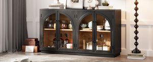 4-Door Large Storage Sideboard Buffet Cabinet with Glass Doors Arched Cabinet (Black)