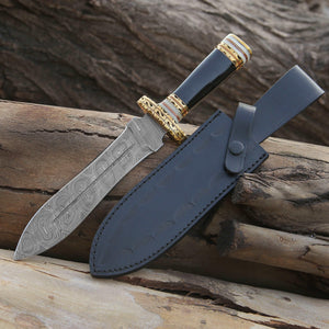 Fear Damascus Fixed Blade Hunting Knife with Bull Horn & Brass Handle - TRAPSKI