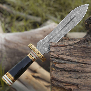 Fear Damascus Fixed Blade Hunting Knife with Bull Horn & Brass Handle - TRAPSKI