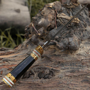 Fear Damascus Fixed Blade Hunting Knife with Bull Horn & Brass Handle - TRAPSKI