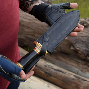 Fear Damascus Fixed Blade Hunting Knife with Bull Horn & Brass Handle - TRAPSKI