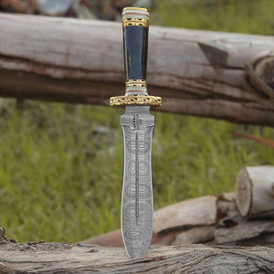 Fear Damascus Fixed Blade Hunting Knife with Bull Horn & Brass Handle - TRAPSKI