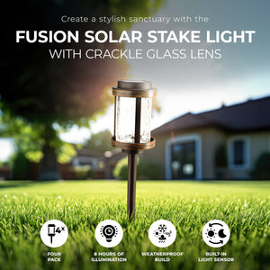 Fusion Solar Stake Crackle Glass Light, Bronze with Woodgrain Finish, 4 Pack