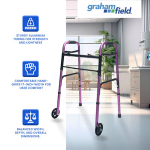 Lumex Everyday Adult Walker Walking Aid with 5" Front Wheels & Glide Tips, Plum