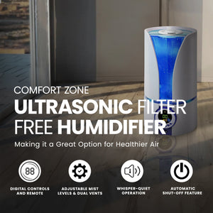 Comfort Zone Ultrasonic Filter Free Humidifier with Digital Controls, White