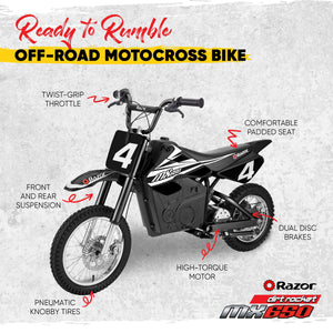 Razor MX650 Dirt Rocket High-Torque Electric Motocross Dirt Bike, 17 MPH, Black