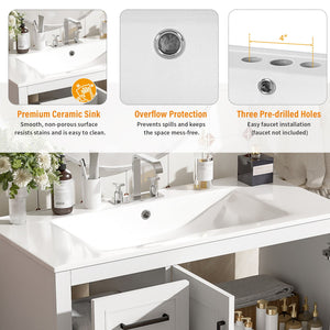Bathroom Vanity With Sink, Soft Close Doors, Adjustable Shelf & 3 Drawers