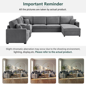 Modular 5 Seat U-Shape Sectional Sofa With Chaise Lounge, Built In Cup Holders And Storage Drawer