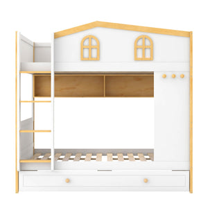 Full Over Full Bunk Bed With Storage Shelves And Trundle - White / Natural