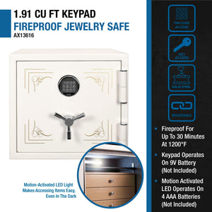 Keypad Fireproof Jewelry Safe with Suede-Lined Storage - White