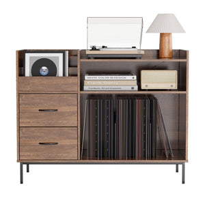 Eco-Friendly Vinyl Record Player Stand With Flip-Top Storage, Media Console With Dual Outlets And Dustproof Drawers