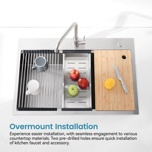 Stainless Steel Kitchen Sink, 33”x22” Single Bowl, Overmount, Brushed Finish