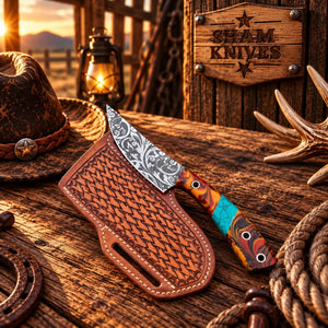 Floral-Etched D2 Cowboy Field Dressing Knife – Resin Handle & Sheath