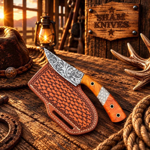 Floral-Etched D2 Cowboy Skinner Knife – Honeycomb Resin Handle