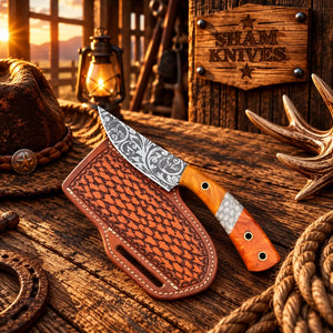 Floral-Etched D2 Cowboy Skinner Knife – Honeycomb Resin Handle