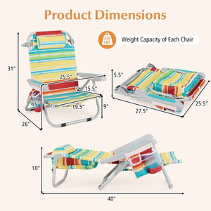 Foldable Backpack Beach Chair with Cup Holder and Storage Pockets Set of 2