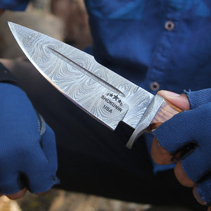 Frontier Custom Damascus Steel Knife with Charred Oak Wood Handle - TRAPSKI