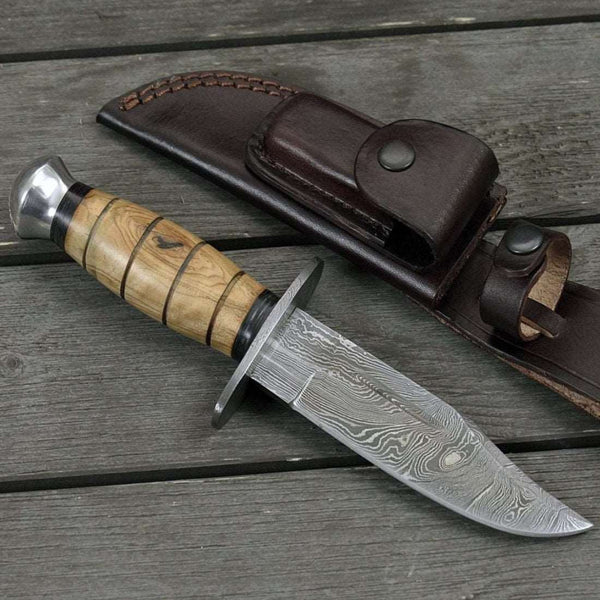 Frontier Damascus Military Knife with Exotic Olive Wood Handle