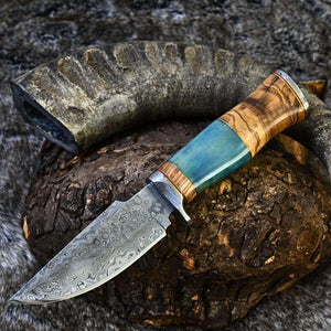 Frost Damascus Hunting Knife with Olive Wood & Bone Handle - TRAPSKI