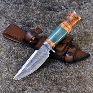 Frost Damascus Hunting Knife with Olive Wood & Bone Handle - TRAPSKI