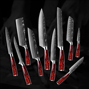 Fujin 10 Pcs Handmade Chef's Knife Damascus Pattern HC Steel Chef's Set with Sheath - TRAPSKI
