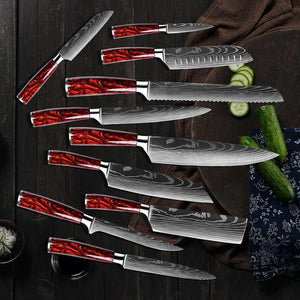 Fujin 10 Pcs Handmade Chef's Knife Damascus Pattern HC Steel Chef's Set with Sheath - TRAPSKI