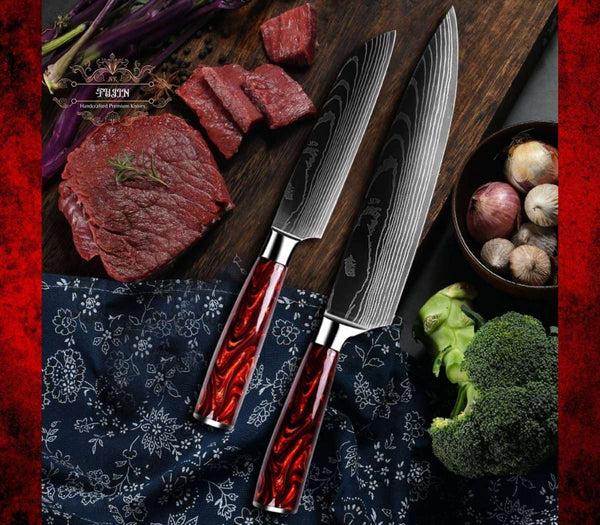 Fujin 10 Pcs Handmade Chef's Knife Damascus Pattern HC Steel Chef's Set with Sheath