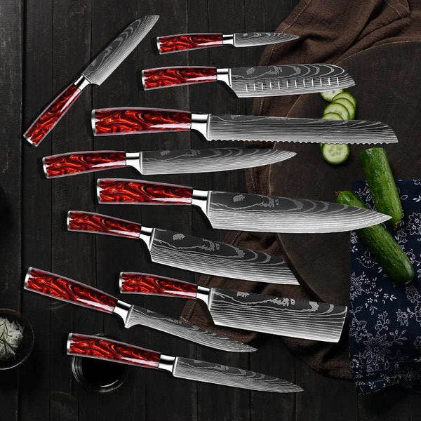 Fujin 10 Pcs Handmade Chef's Knife Damascus Pattern HC Steel Chef's Set with Sheath